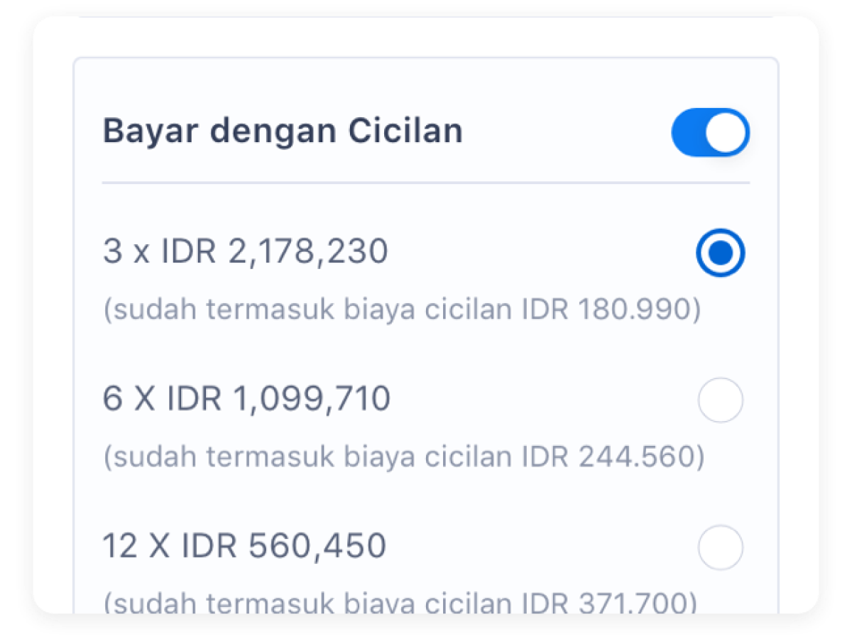 Aktifkan pilihan bayar dengan cicilan dan pilih tenor cicilan.