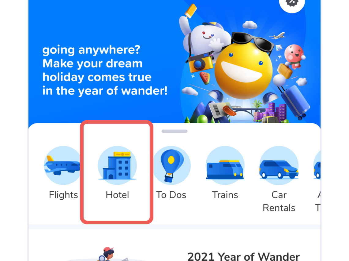 Open the tiket.com app and choose Hotel on the main menu.