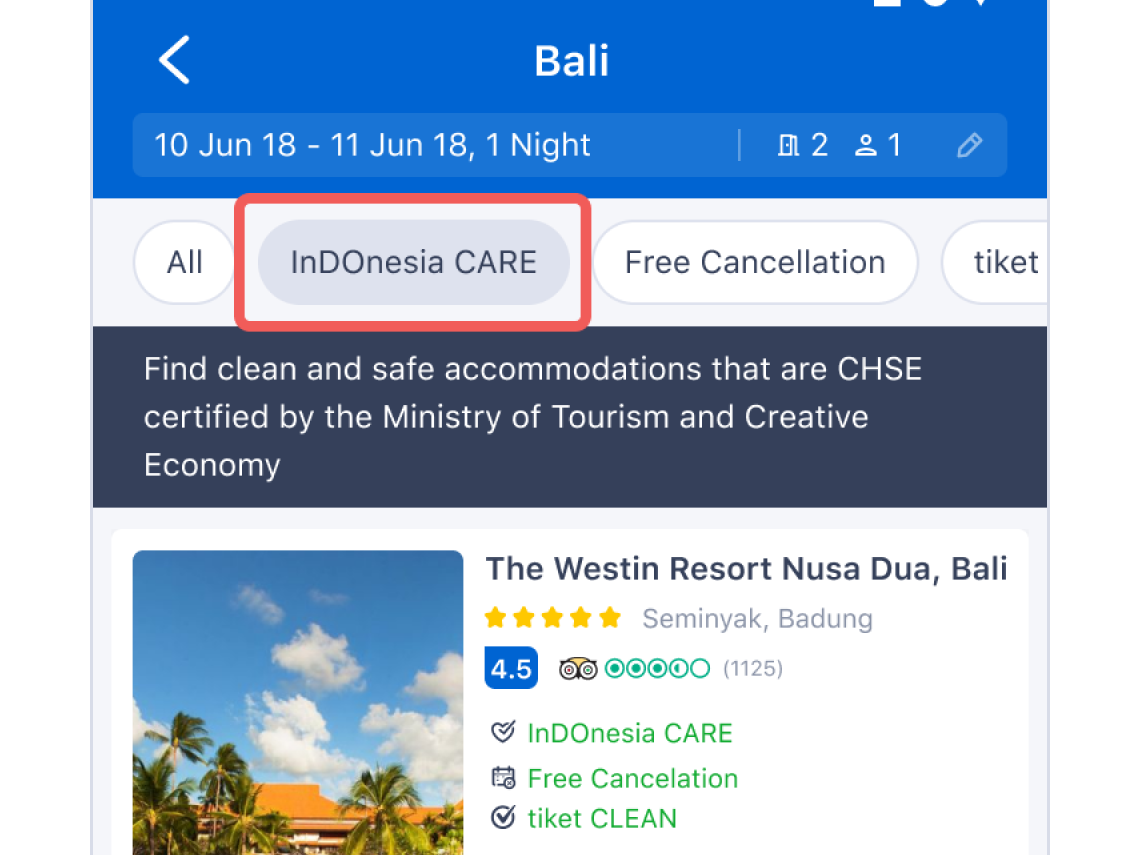 Tap the “InDonesia CARE” filter located at the top to see the list of hotels with CHSE standards.