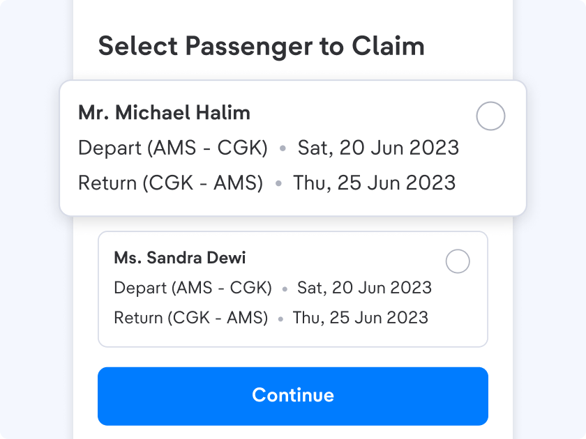 Select a passenger that you want to claim the insurance
