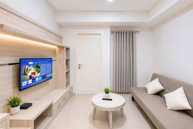 Living Room 4, Bright and Elegant 1BR at Apartment Parahyangan Residence By Travelio, Bandung