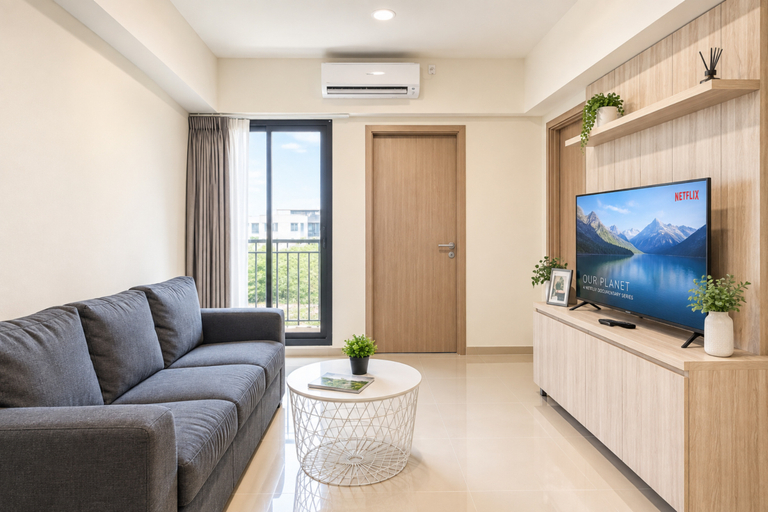 Living Room 3, Fresh and Bright 3BR at Apartment Meikarta District 2 By Travelio, Cikarang