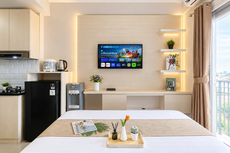 Bedroom 5, Warm and Timless Studio at Apartment Transpark Juanda Bekasi Timur By Travelio, Bekasi