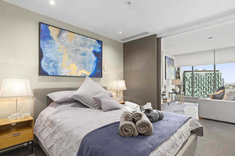 Bedroom, Sophisticated Designer Condo W River & City Views, Melbourne