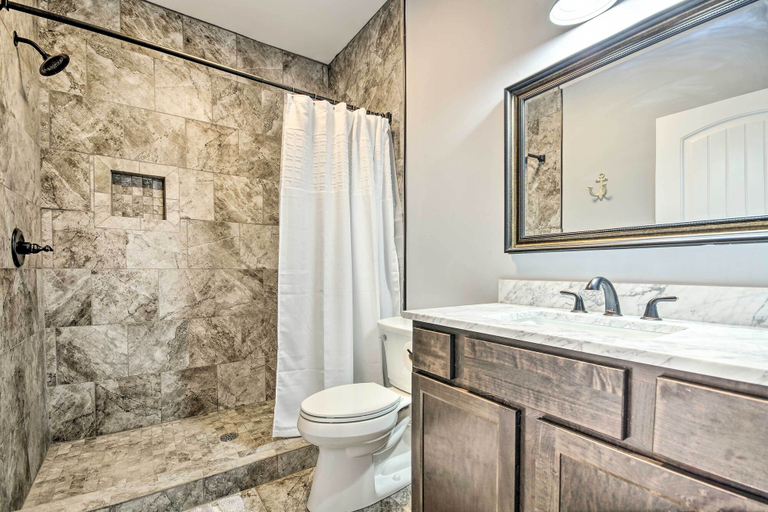 Bathroom 4, Dock & Fire Pit: Lakefront Rocky Mount Home!, Morgan