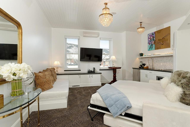 Bedroom, Independence Square 310, Chic, Remodeled Studio w/ Great Location in Aspen, A/C, & Kitchenette, Pitkin