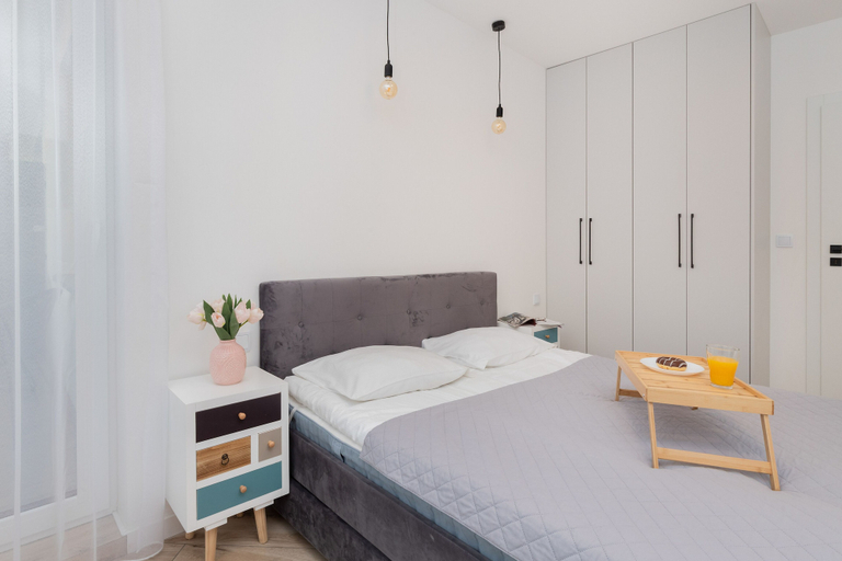 Bedroom 3, Aesthetic Deep Blue Apartment by Renters, Gdańsk City
