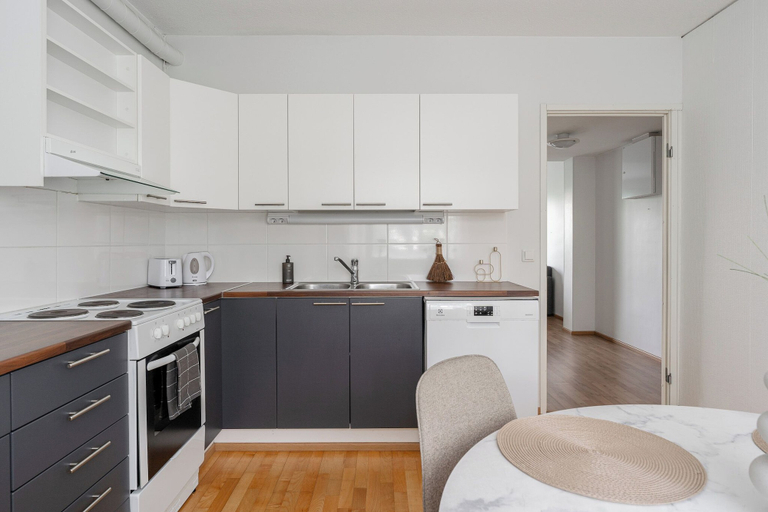 Private kitchen 5, 1BR Downtown Apartment with Balcony, Central Finland