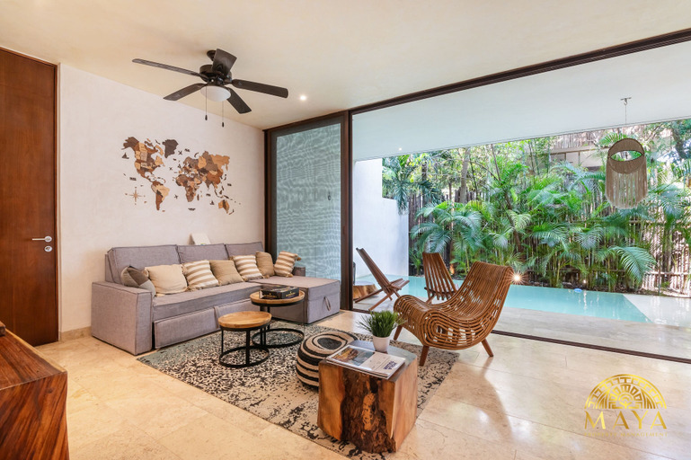 Living area, BajoCielo107 Lux 2BR Condo Priv Pool in Aldea Zama, Cozumel