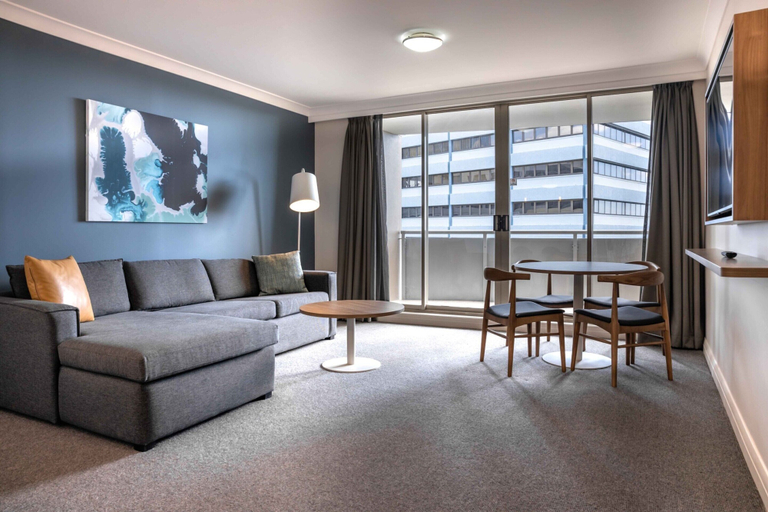 Living room 2, Central 1-bed With Parking, Pool, Sauna & Gym, Sydney