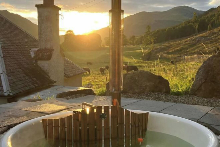 Outdoor spa tub, Gardener's Cottage, Glen Lyon, Perthshire and Kinross
