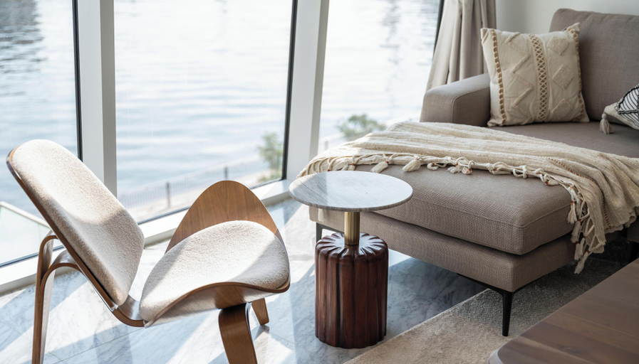 Living room 3, Manzil - Modern 1BR w Stunning Lake View, Dubai