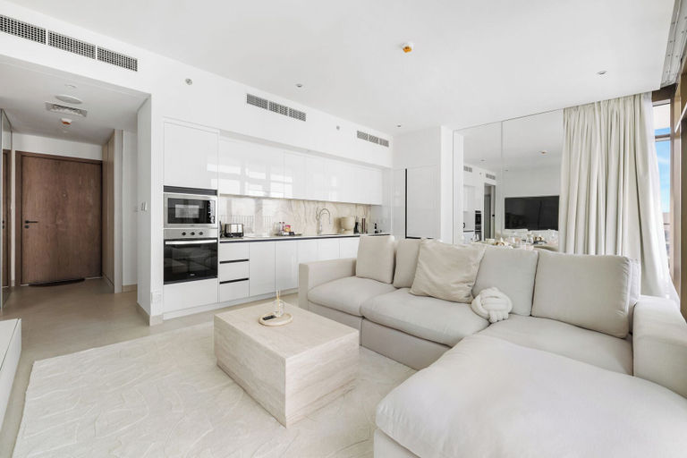 Living area 4, Serene 1BR Escape with Burj Khalifa View, Dubai