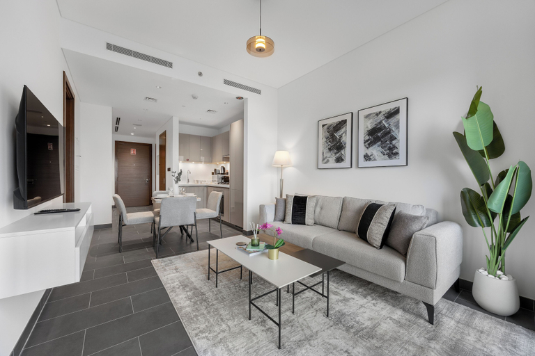 Living room 3, Modern 1BR Apartment with Balcony in Sobha Hartland, Dubai
