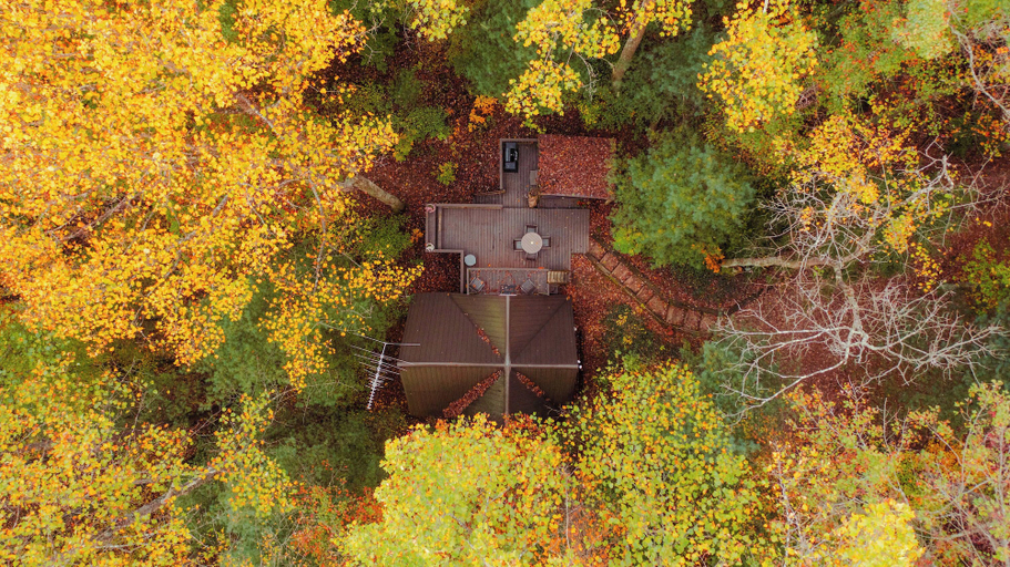 Aerial view 3, Waterfront A- Frame With Dock, Canoe + Kayaks, Hocking
