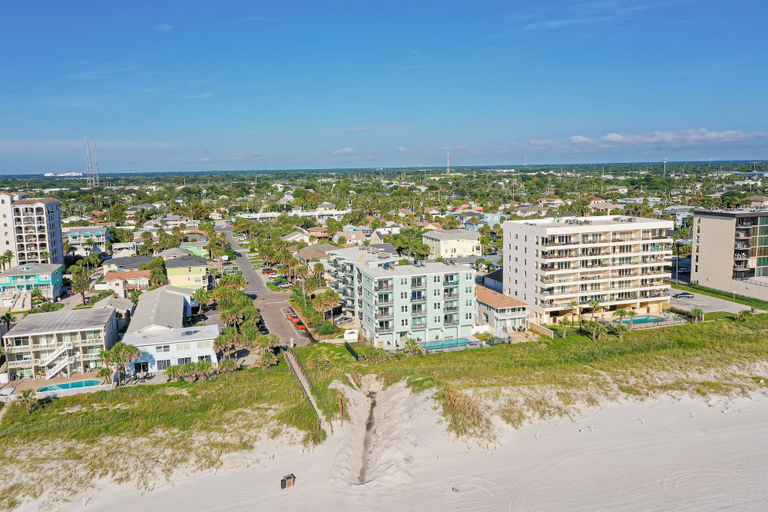 Aerial view, Modern Oceanfront Condo With Outdoor Pool, Balcony, & Washer/dryer, Duval