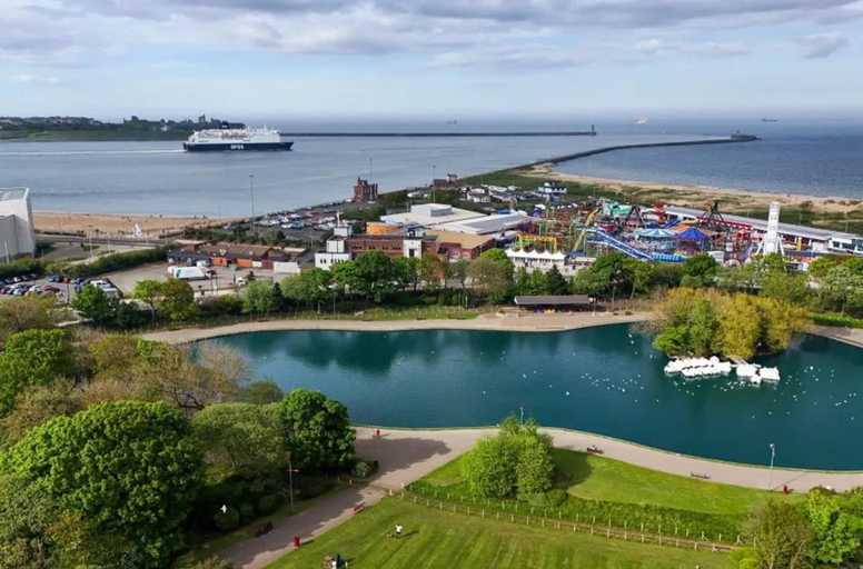Aerial view, Pet Friendly 1-bed Flat, Sleeps 5 With Parking, North Tyneside