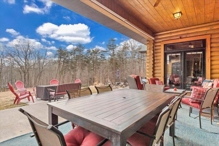 Outdoor dining 4, Liberty Pines - Lakefront Log Home, Swim Spa & Game Room, Bedford