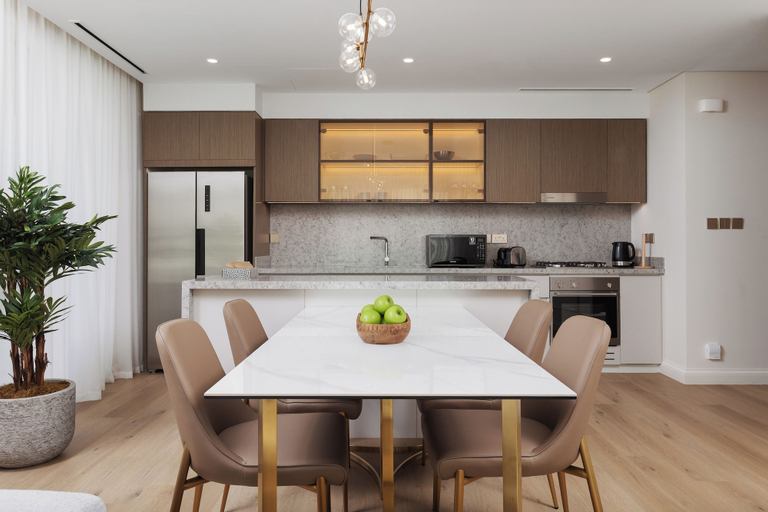 Private kitchen, Elegant 2BR Apartment with Sea View, Dubai