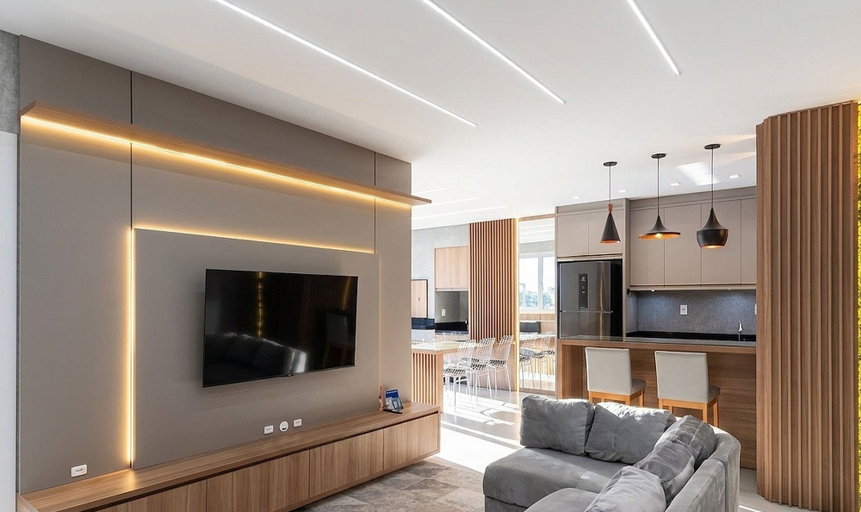 Living area, Aptos em prédio a 90 m da praia de Perequê - RIHs, Porto Belo