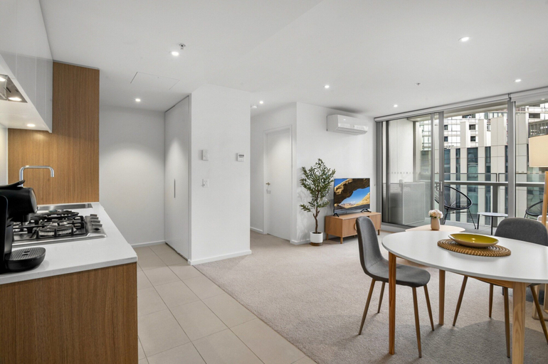 Living room 2, Marina-view 1-bed Apartment in Docklands, Melbourne