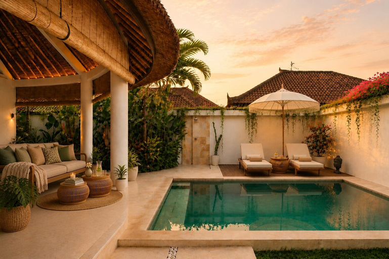 Garden view, 2BR Thatched Pool Villa - Canggu, Badung