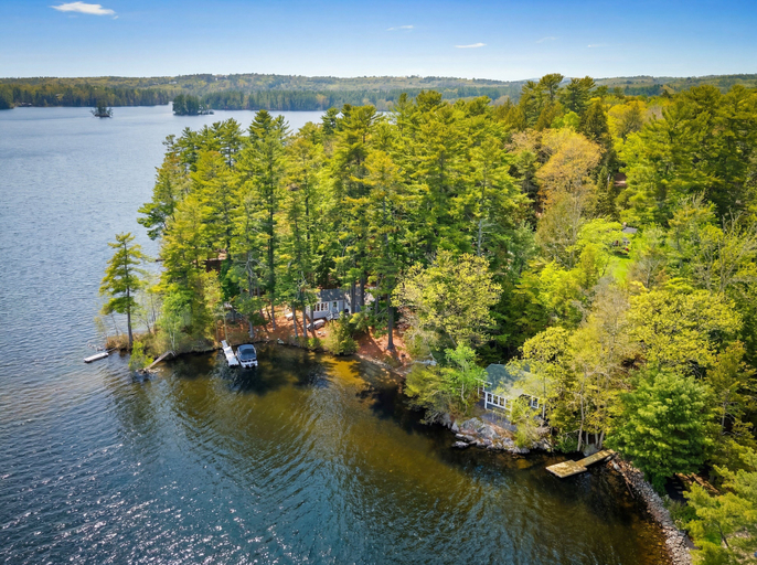 Aerial view 3, 2BR Maine Camp w/ Dock, Lake Access & AC, Lincoln