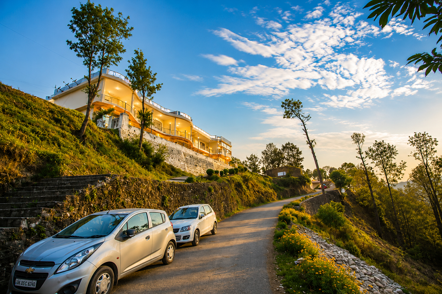 Parking lot, Hotel Hill Top Forest Palace, Garhwal