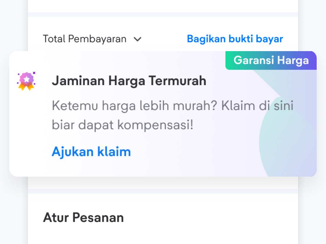 Kalau kamu menemukan harga yang lebih murah di aplikasi lain, pilih "Ajukan klaim" yang tersedia di halaman Your Orders.