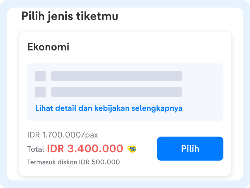 Cek detail penerbangan pilihanmu, lalu pilih jenis tiket pesawat yang tersedia.