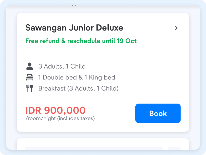 Click one of the places to stay, select an available room, and then continue your booking.