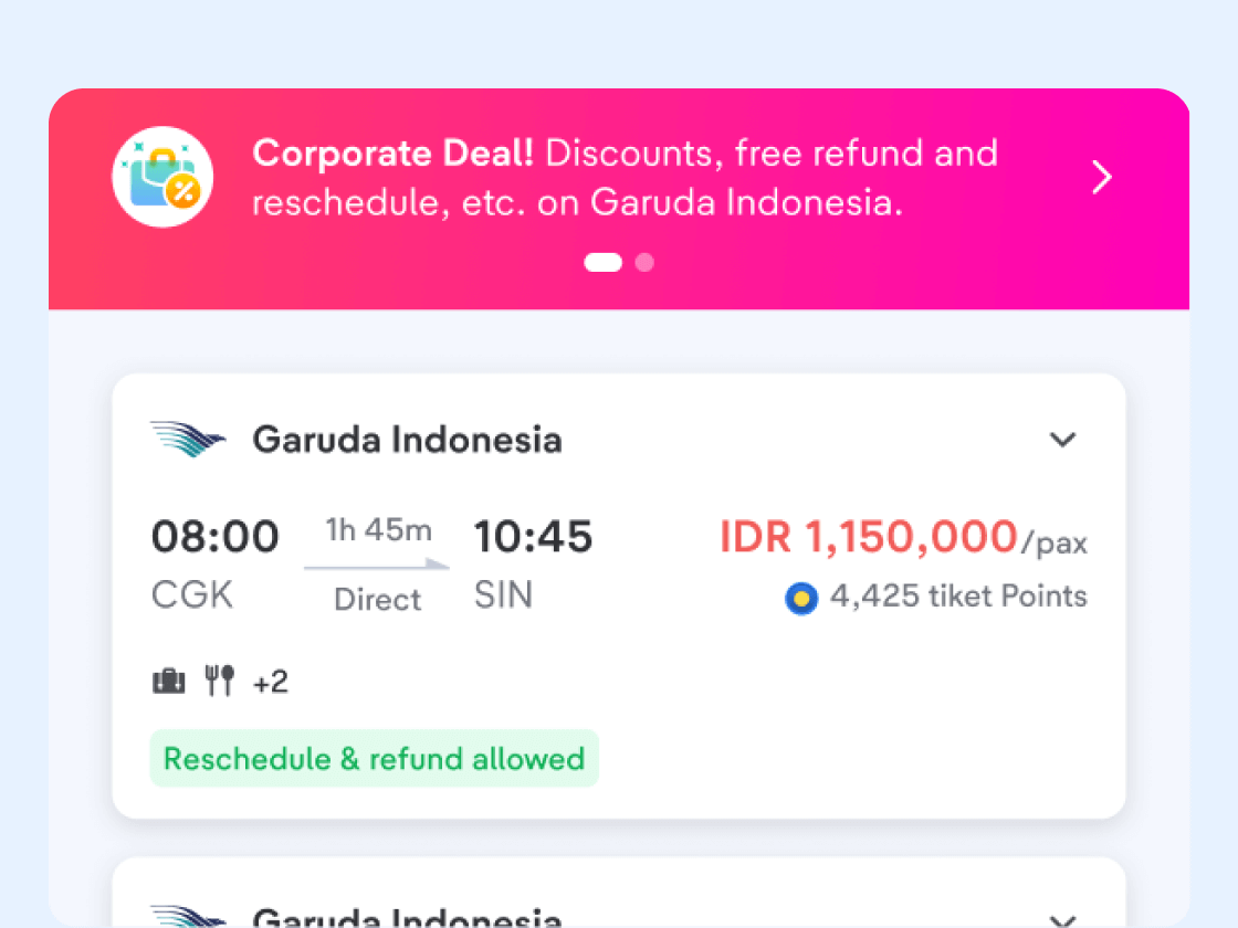 Your employees will automatically receive discounts when booking flights, hotels, trains, and Whoosh.
