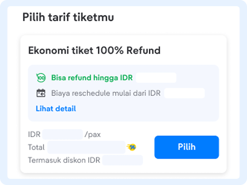 Pilih kelas kursi yang kamu mau dan serta baca syarat dan ketentuan tiket 100% Refund.