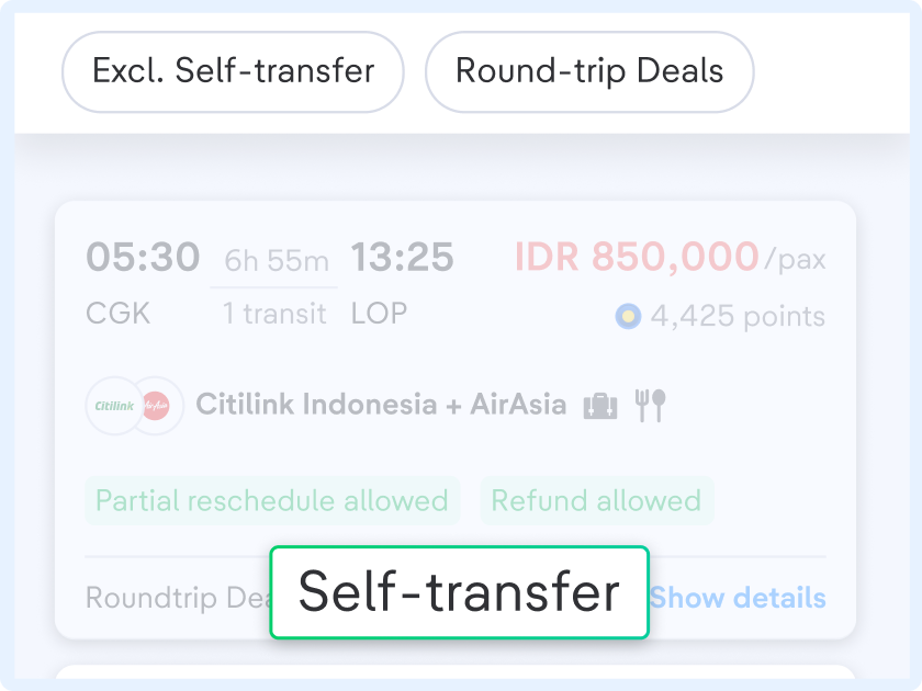 1. Find flights with transits and the 'Self Transfer' benefit